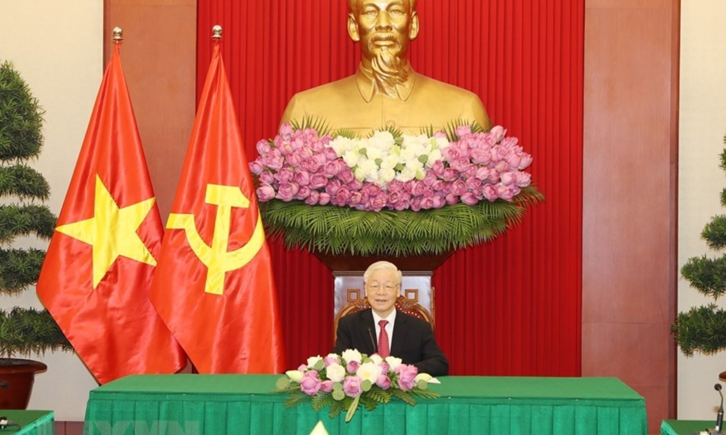 Tổng Bí thư Nguyễn Phú Trọng tại cuộc điện đàm - Ảnh: TTXVN