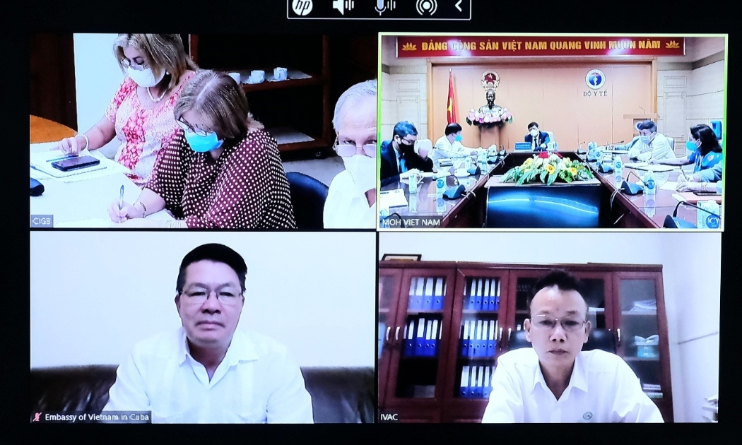 Bộ trưởng Nguyễn Thanh Long làm việc trực tuyến về vấn đề cung ứng vaccine phòng Covid-19 do Cuba sản xuất và chuyển giao công nghệ sản xuất, đóng ống vaccine này tại Việt Nam.
