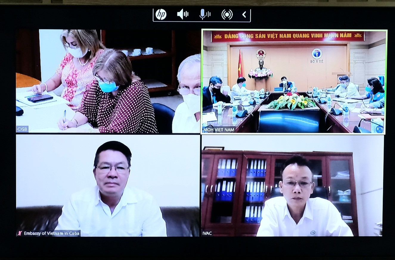Bộ trưởng Nguyễn Thanh Long làm việc trực tuyến về vấn đề cung ứng vaccine phòng Covid-19 do Cuba sản xuất và chuyển giao công nghệ sản xuất, đóng ống vaccine này tại Việt Nam.