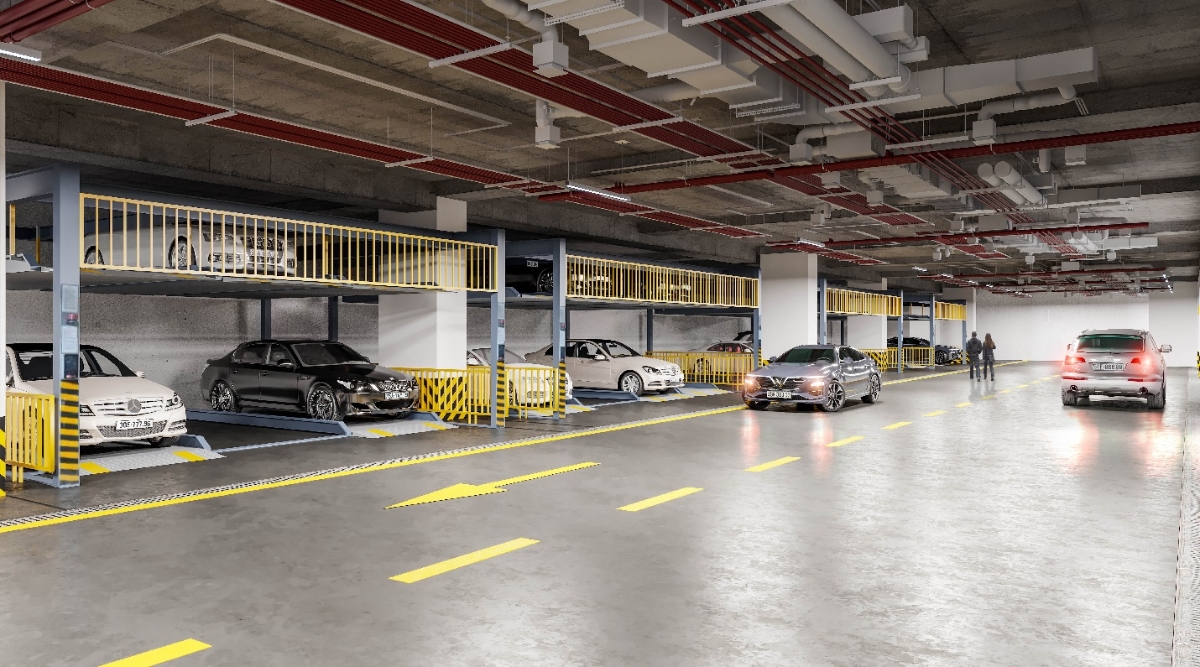 Hầm đỗ xe th&ocirc;ng minh 2 tầng tự động nhận diện biển số xe từ xa.