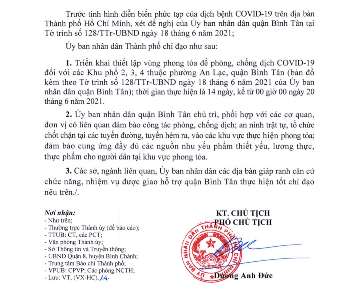 3 khu phố ở phường An Lạc, quận Bình Tân sẽ thực hiện giãn cách xã hội theo Chỉ thị 16 từ 0h ngày 20/6.
