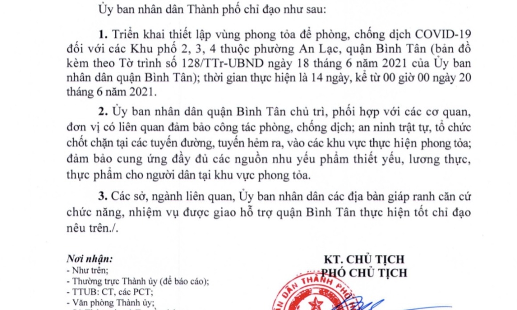 3 khu phố ở phường An Lạc, quận Bình Tân sẽ thực hiện giãn cách xã hội theo Chỉ thị 16 từ 0h ngày 20/6.