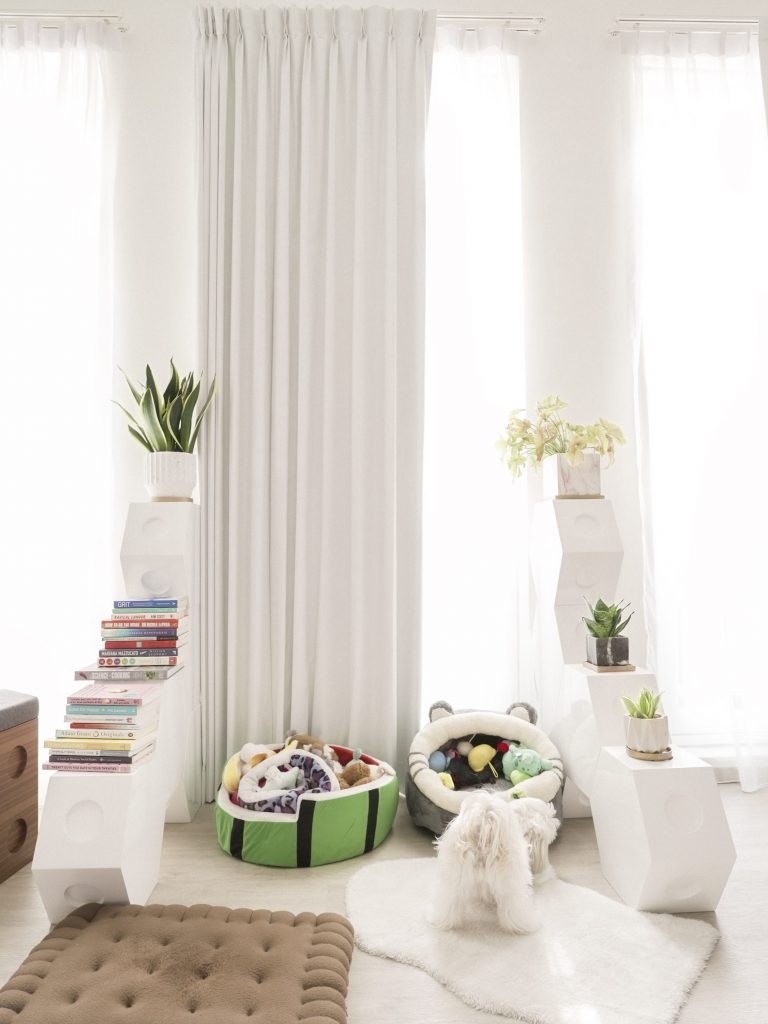 Nơi ngủ của chú chó cưng giữa những k&ecirc;̣ trưng bày cùng t&ocirc;ng trắng r&acirc;́t ngh&ecirc;̣ thu&acirc;̣t.