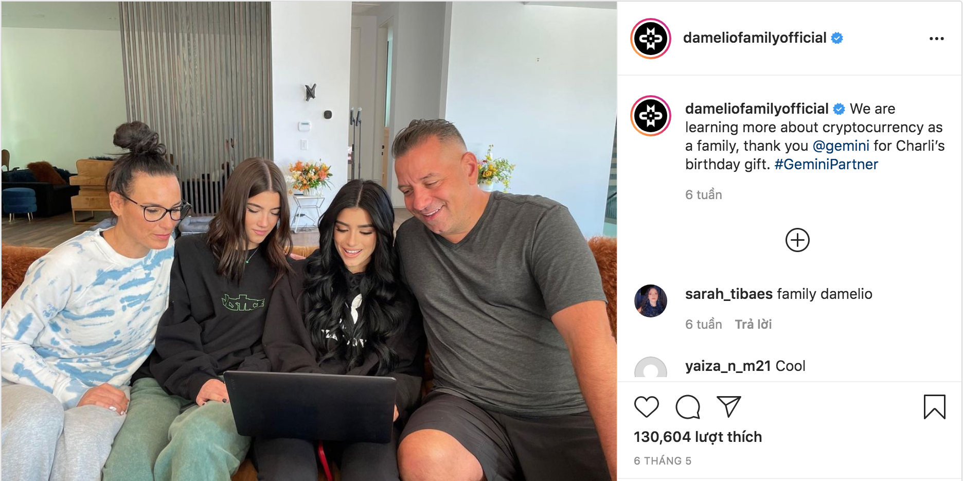 Đăng tải nói về sàn tiền ảo Gemini của tài khoản gia đình D’Amelio trên Instagram - Ảnh: Instagram