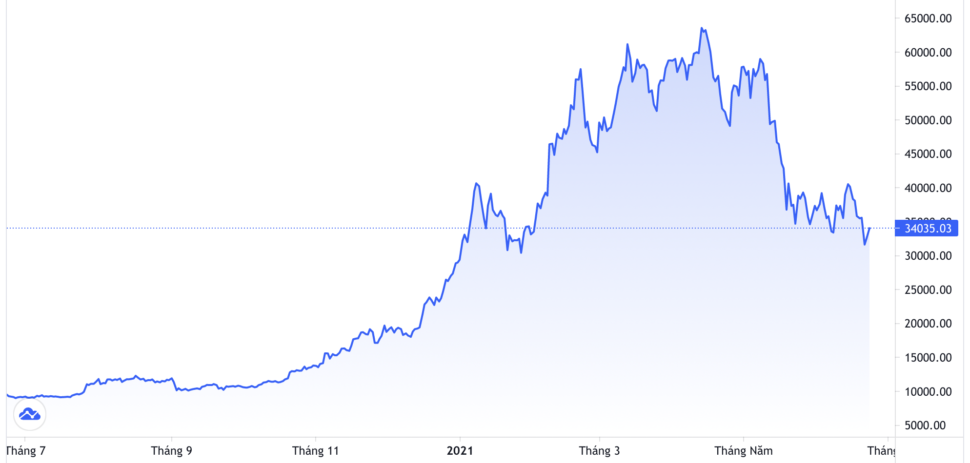Diễn biến gi&aacute; Bitcoin 1 năm qua. Đơn vị: USD/Bitcoin - Nguồn: Trading View.