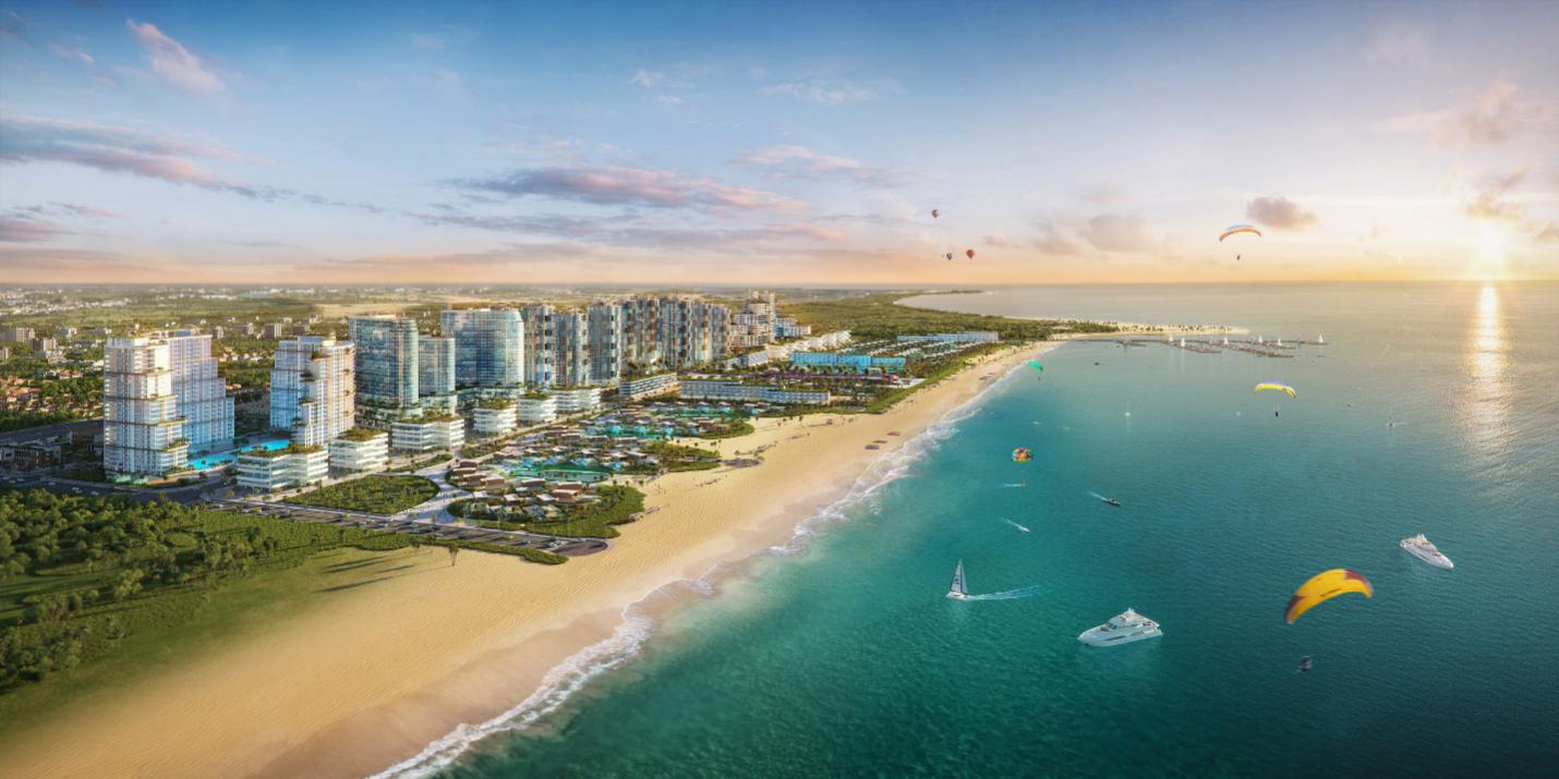 Thanh Long Bay l&agrave; tổ hợp đ&ocirc; thị nghỉ dưỡng, giải tr&iacute; lớn nhất. 90 ha, với 1,7 km bờ biển ri&ecirc;ng, độ dốc thoải th&iacute;ch hợp cho c&aacute;c hoạt động tr&ecirc;n biển.