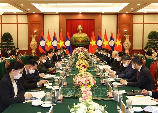 Hội đàm giữa Tổng Bí thư Nguyễn Phú Trọng đón tiếp Tổng Bí thư, Chủ tịch nước Lào Thongloun Sisoulith - Ảnh: Trí Dũng/TTXVN