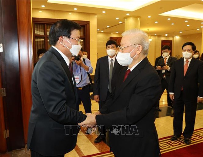 Tổng B&iacute; thư Nguyễn Ph&uacute; Trọng đ&oacute;n tiếp Tổng B&iacute; thư, Chủ tịch nước L&agrave;o Thongloun Sisoulith - Ảnh: Tr&iacute; Dũng/TTXVN