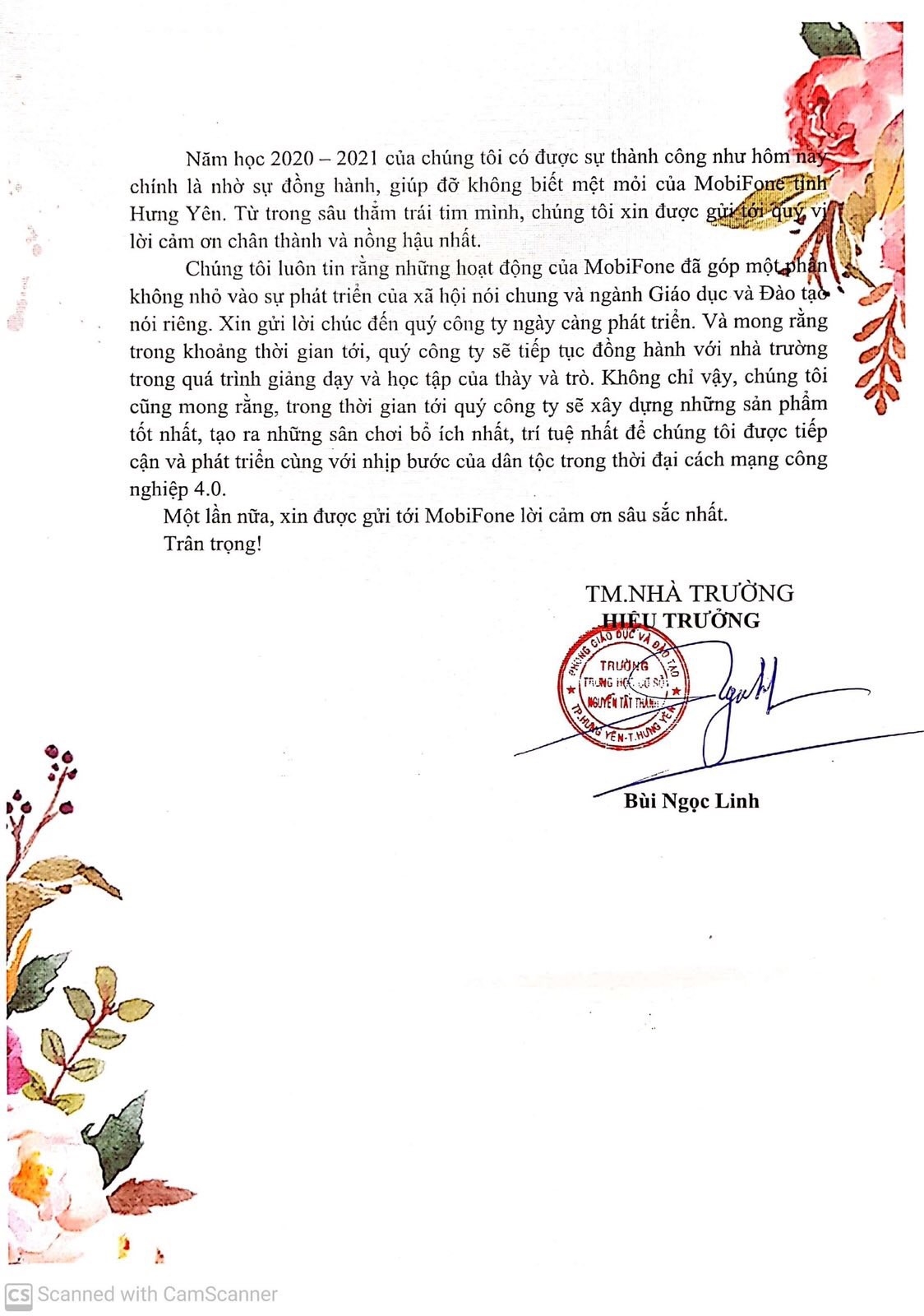 Bức thư x&uacute;c động của thầy tr&ograve; trường THCS Nguyễn Tất Th&agrave;nh gửi đến MobiFone tỉnh Hưng Y&ecirc;n.