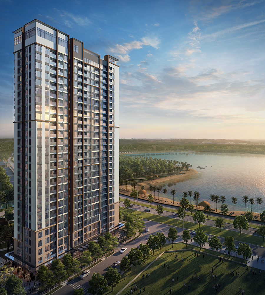 Khu căn hộ cao cấp Masteri Waterfront với tầm nhìn trực diện biển hồ nước mặn 6.1ha và hồ trung tâm 24.5ha.