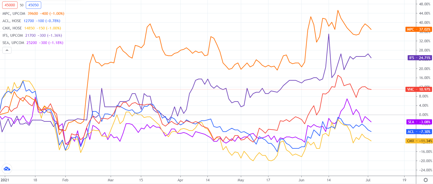 Mức tăng trưởng gi&aacute; của một số cổ phiếu thủy sản từ đầu năm 2021 đến nay.