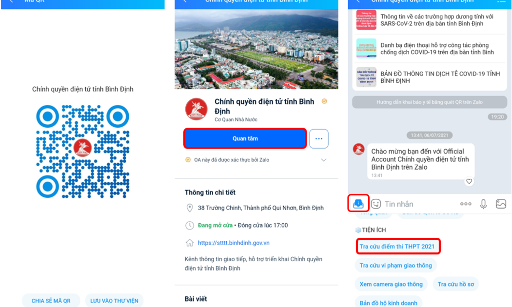 Tra cứu điểm thi dễ dàng trên trang Zalo “Chính quyền điện tử tỉnh Bình Định”