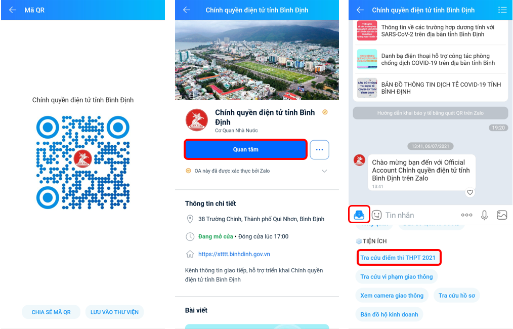 Tra cứu điểm thi dễ dàng trên trang Zalo “Chính quyền điện tử tỉnh Bình Định”