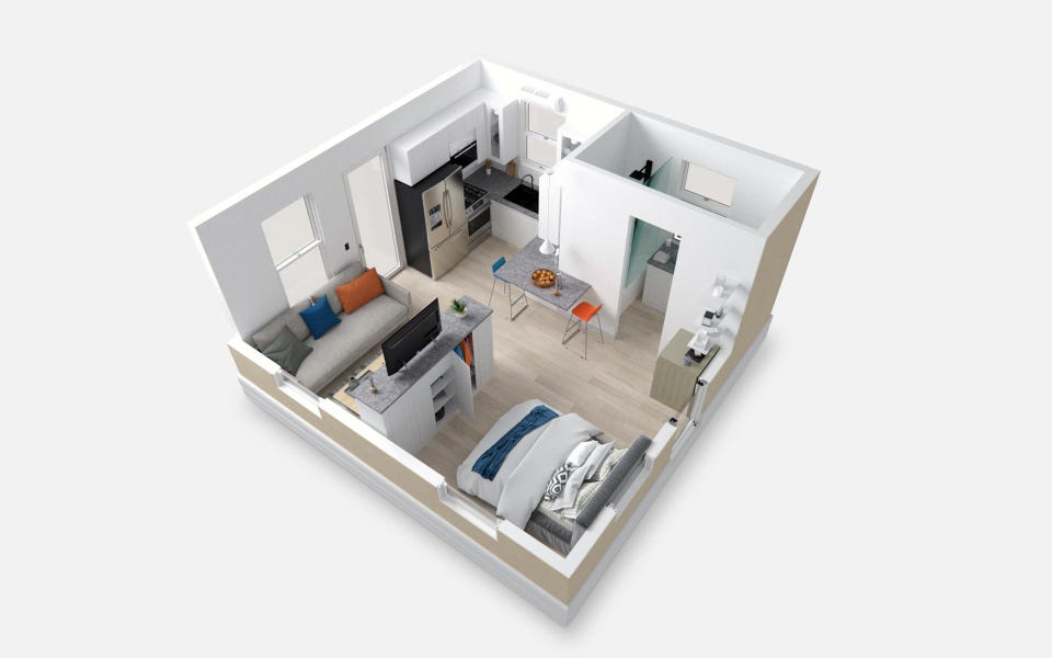 Hình ảnh 3D bên trong một căn hộ lắp ghép 35m2 của Boxabl - Ảnh: Boxabl