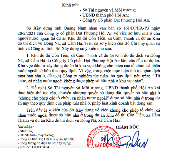 Văn bản của Sở xây dựng Quảng Nam.