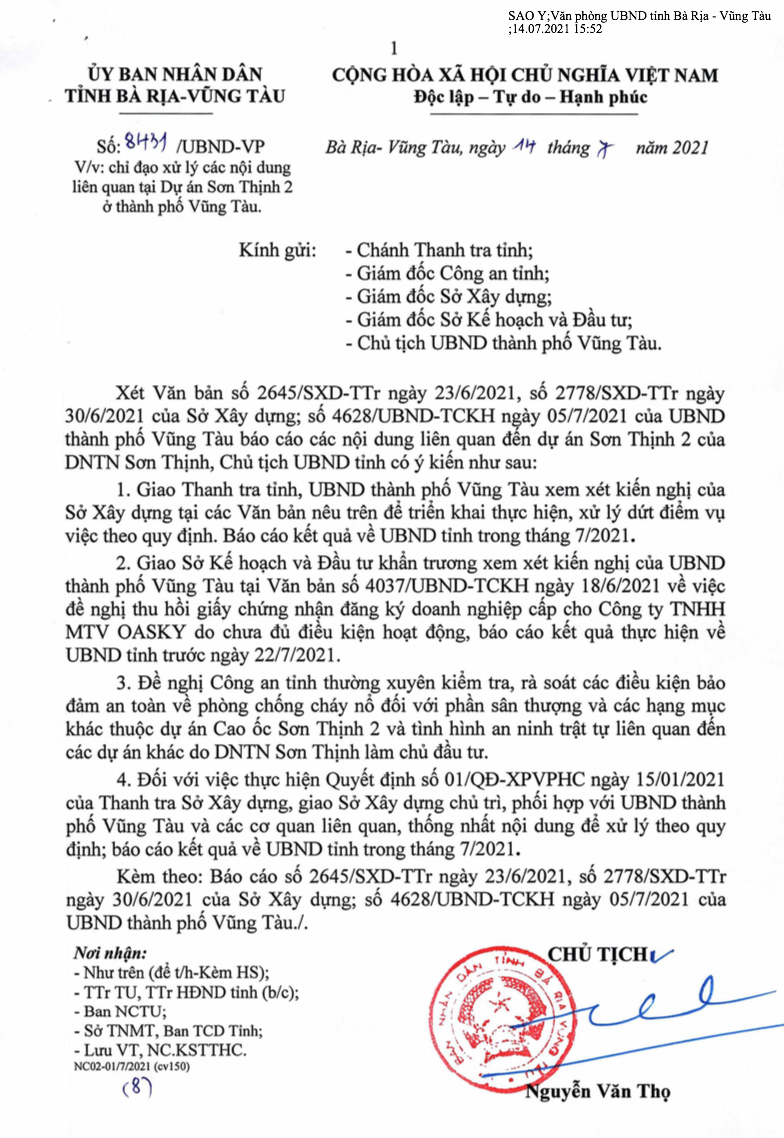 (Văn bản số 8431 của UBND tỉnh Bà Rịa - Vũng Tàu chỉ đạo xử lý dứt điểm tại dự án Sơn Thịnh 2).