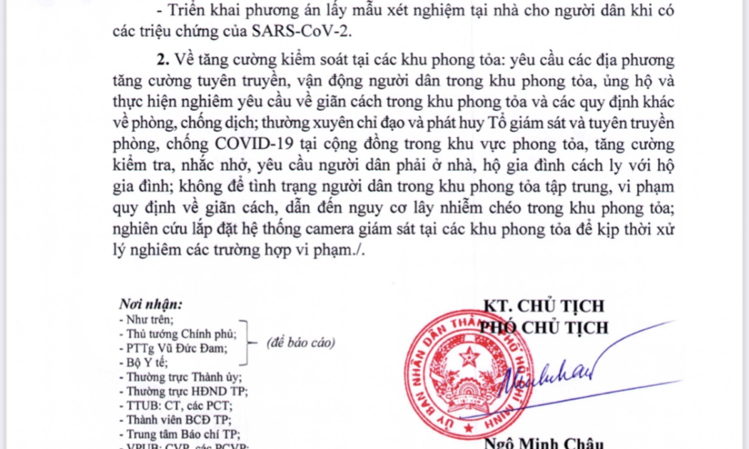 Công văn khẩn của TP.HCM do Phó chủ tịch Ngô Minh Châu ký ngày 15/7 chấn chỉnh các hoạt động phòng, chống Covid-19.