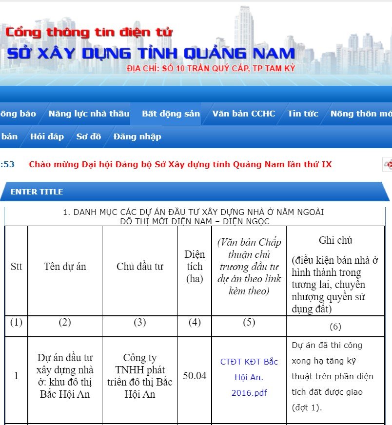 Th&ocirc;ng tin dự &aacute;n tr&ecirc;n website Sở x&acirc;y dựng Quảng Nam.