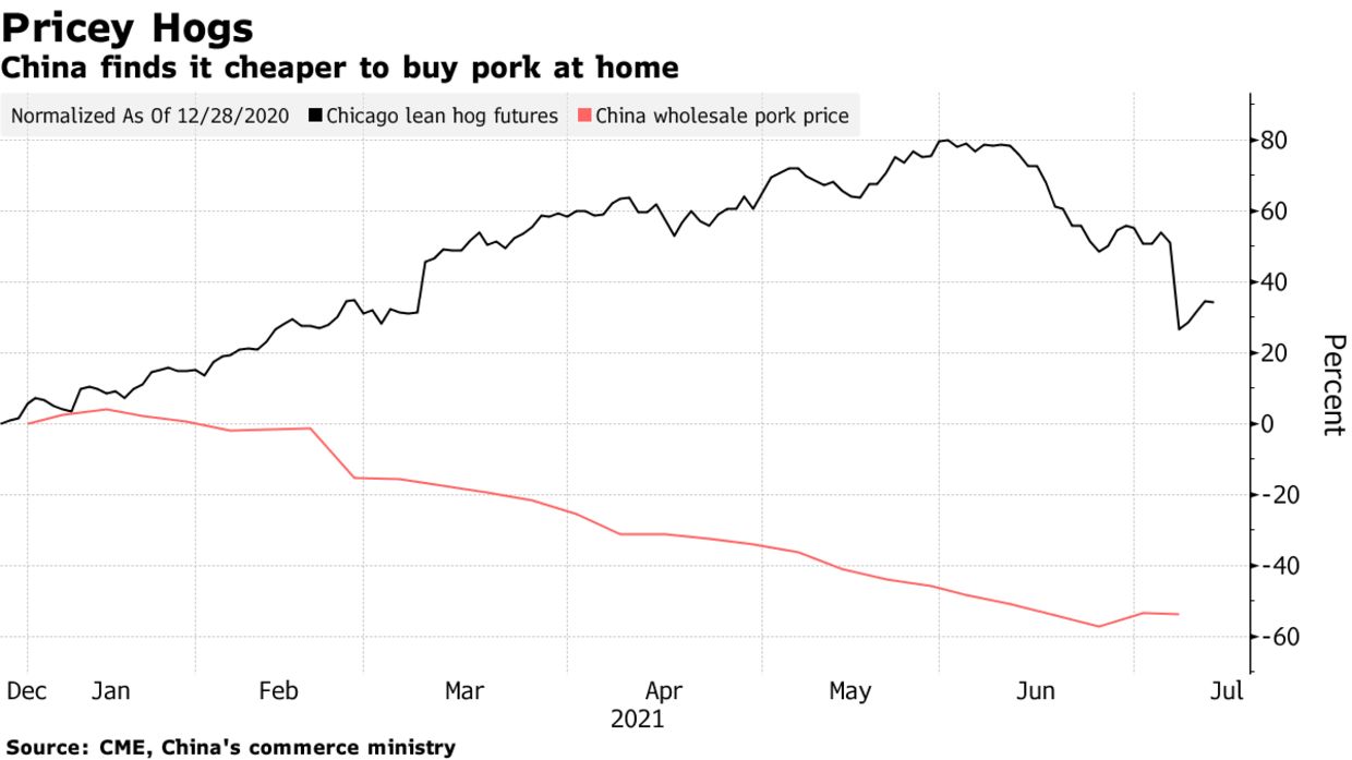 Diễn biến mức tăng giảm so với thời điểm ng&agrave;y 28/12/2020 của gi&aacute; lợn hơi giao sau tại thị trường Chicago (đường m&agrave;u đen) v&agrave; gi&aacute; thịt lợn b&aacute;n bu&ocirc;n ở Trung Quốc (đường m&agrave;u đỏ). Đơn vị: % - Nguồn: Bloomberg.