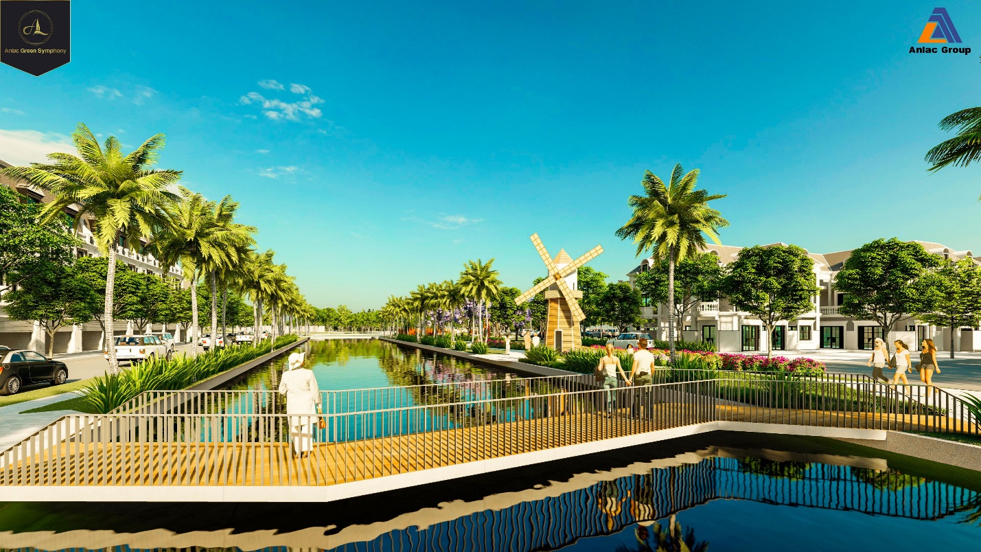 Cảnh quan shophouse bên sông Anlac Green Symphony trong tương lai.