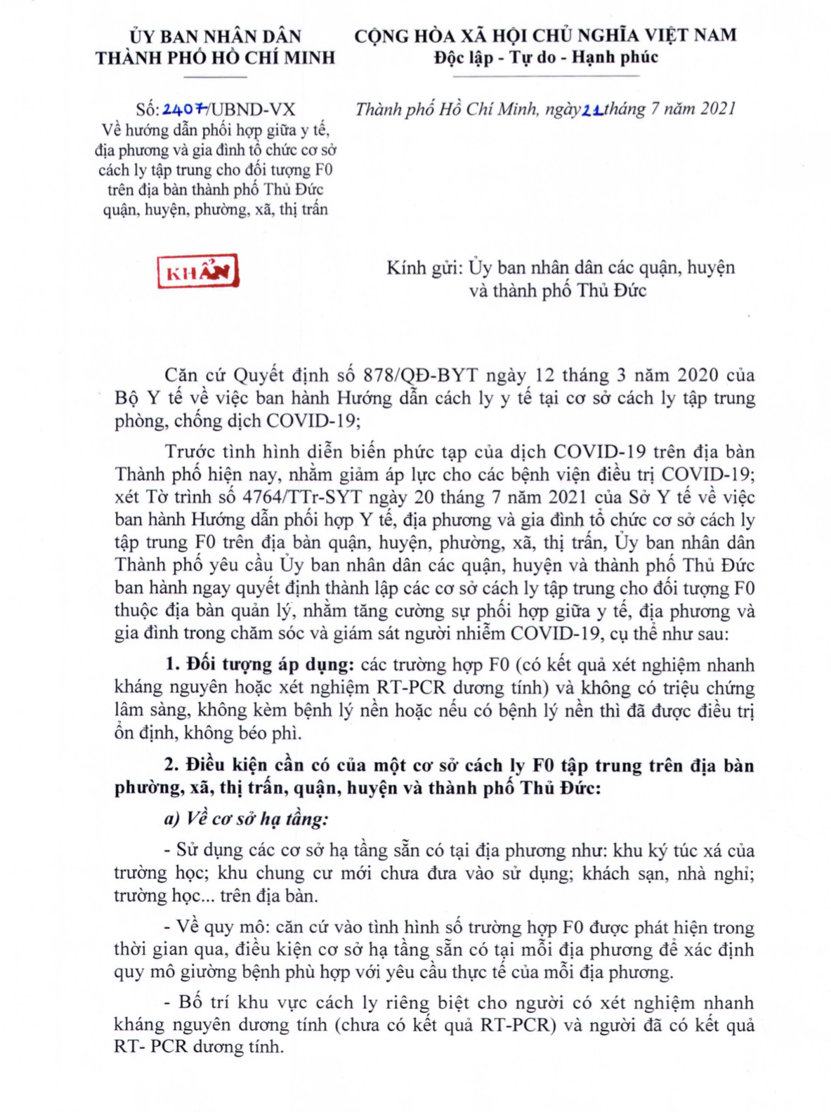 Văn bản khẩn của UBND TP.HCM hướng dẫn phối hợp giữa y tế địa phương v&agrave; gia đ&igrave;nh tổ chức cơ sở c&aacute;ch ly tập trung cho đối tượng F0 tr&ecirc;n địa b&agrave;n quận, huyện v&agrave; th&agrave;nh phố Thủ Đức.