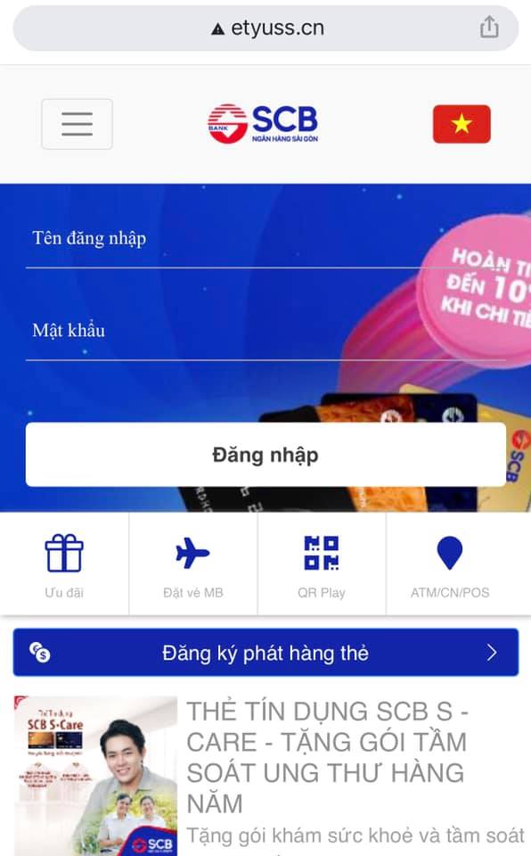 Giả mạo website ng&acirc;n h&agrave;ng SCB, y&ecirc;u cầu đăng nhập mật khẩu