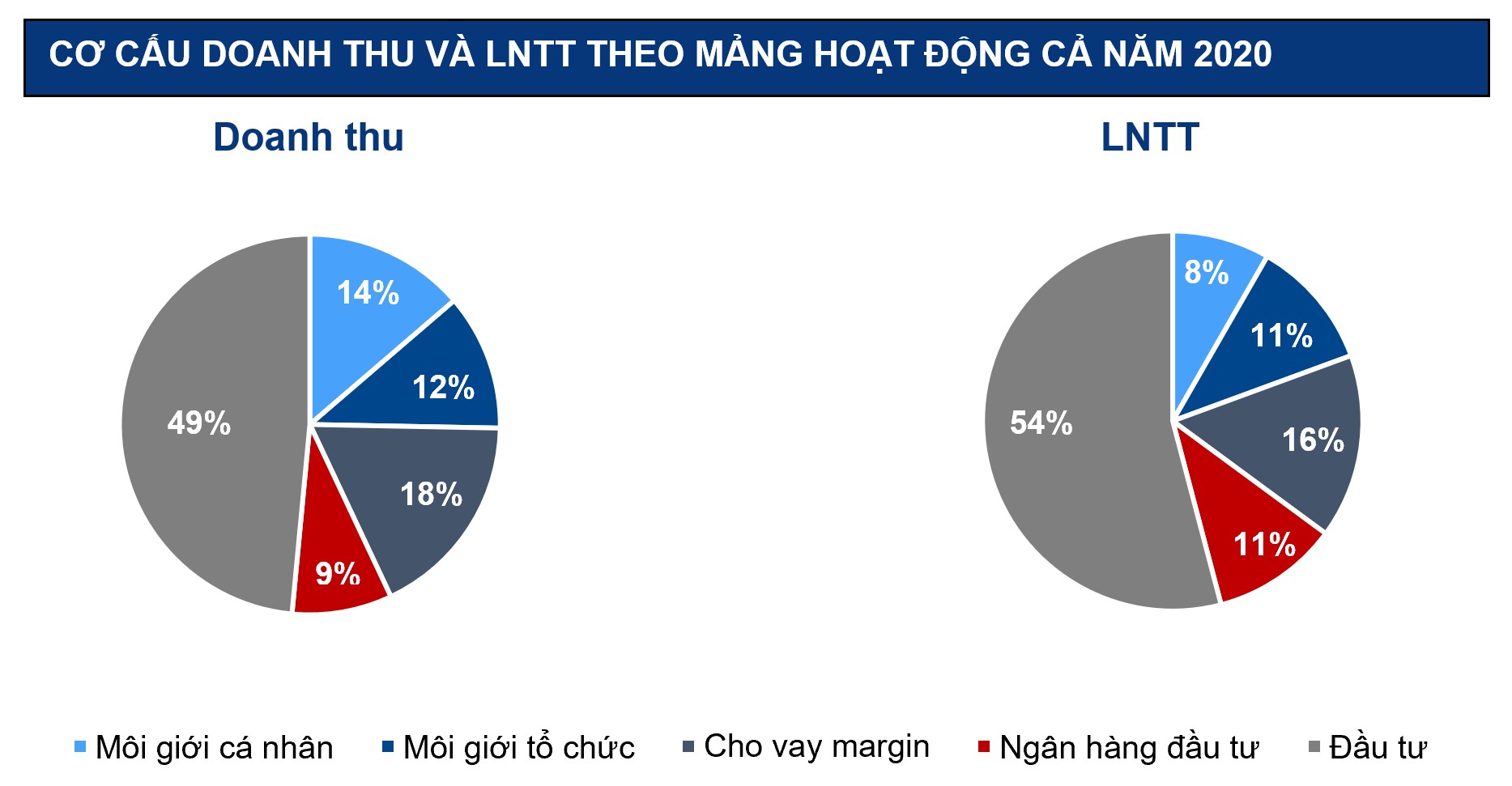 Bảng cơ cấu doanh thu và lợi nhuận trước thuế theo mảng hoạt động trong năm 2020.