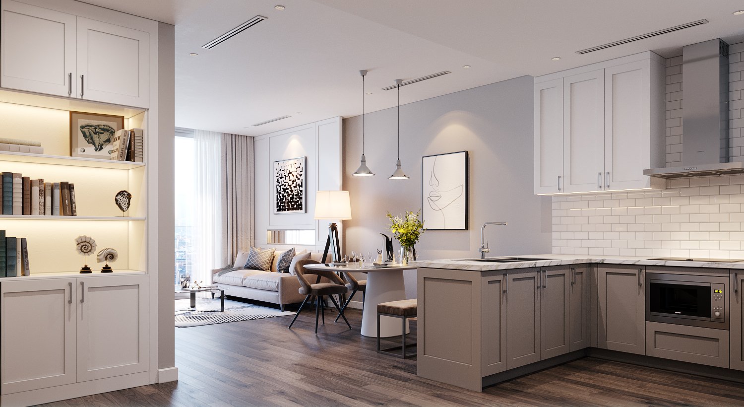 Thiết kế căn hộ 2 Phòng ngủ tại The Nine với tủ bếp Shaker Kitchen.