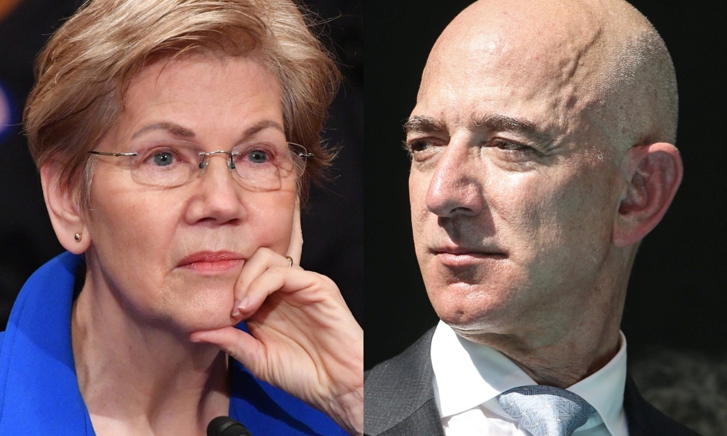 Thượng nghị sĩ Elizabeth Warren (ảnh trái) và tỷ phú Jeff Bezos - Ảnh: Getty Images