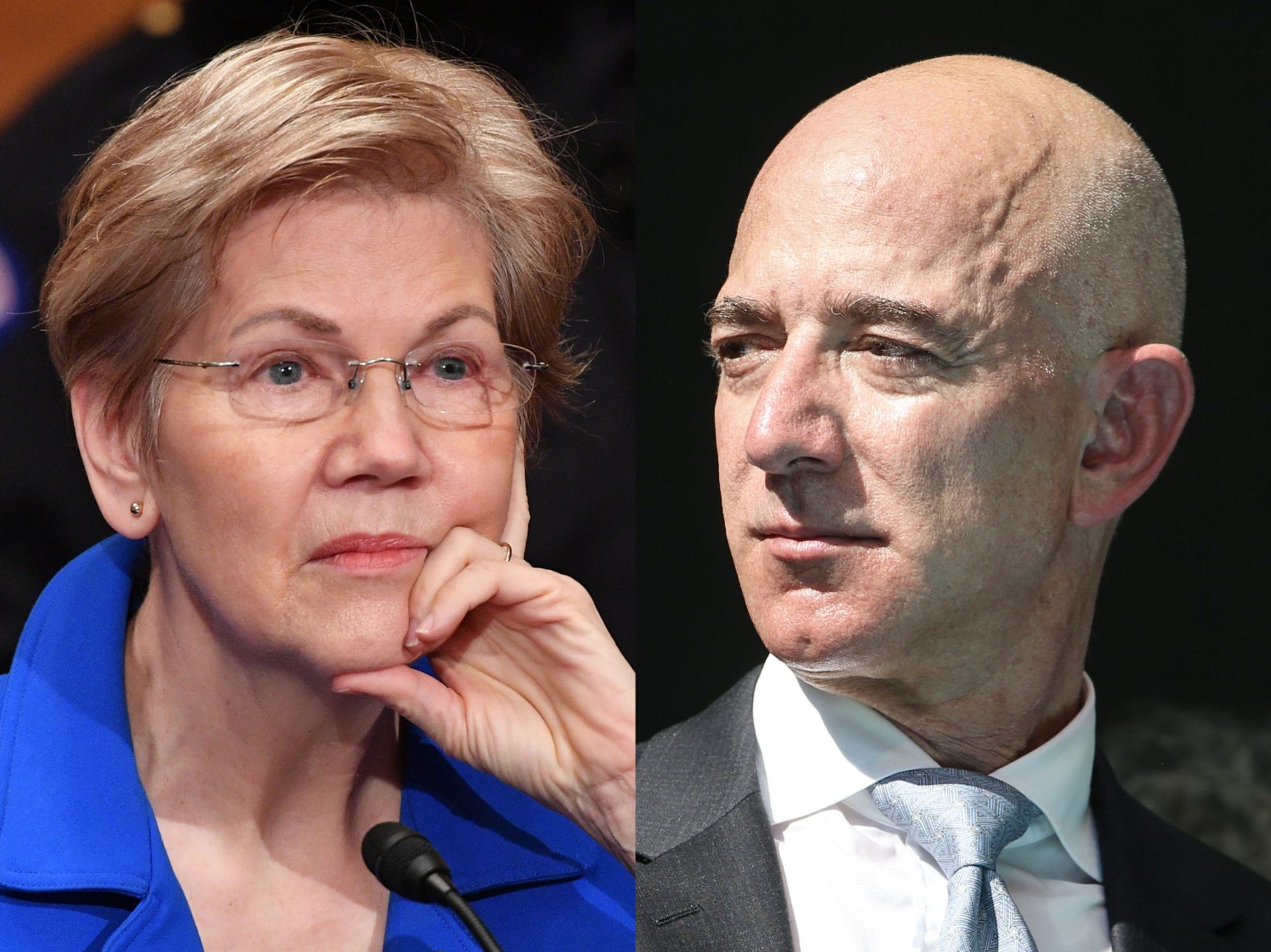 Thượng nghị sĩ Elizabeth Warren (ảnh trái) và tỷ phú Jeff Bezos - Ảnh: Getty Images