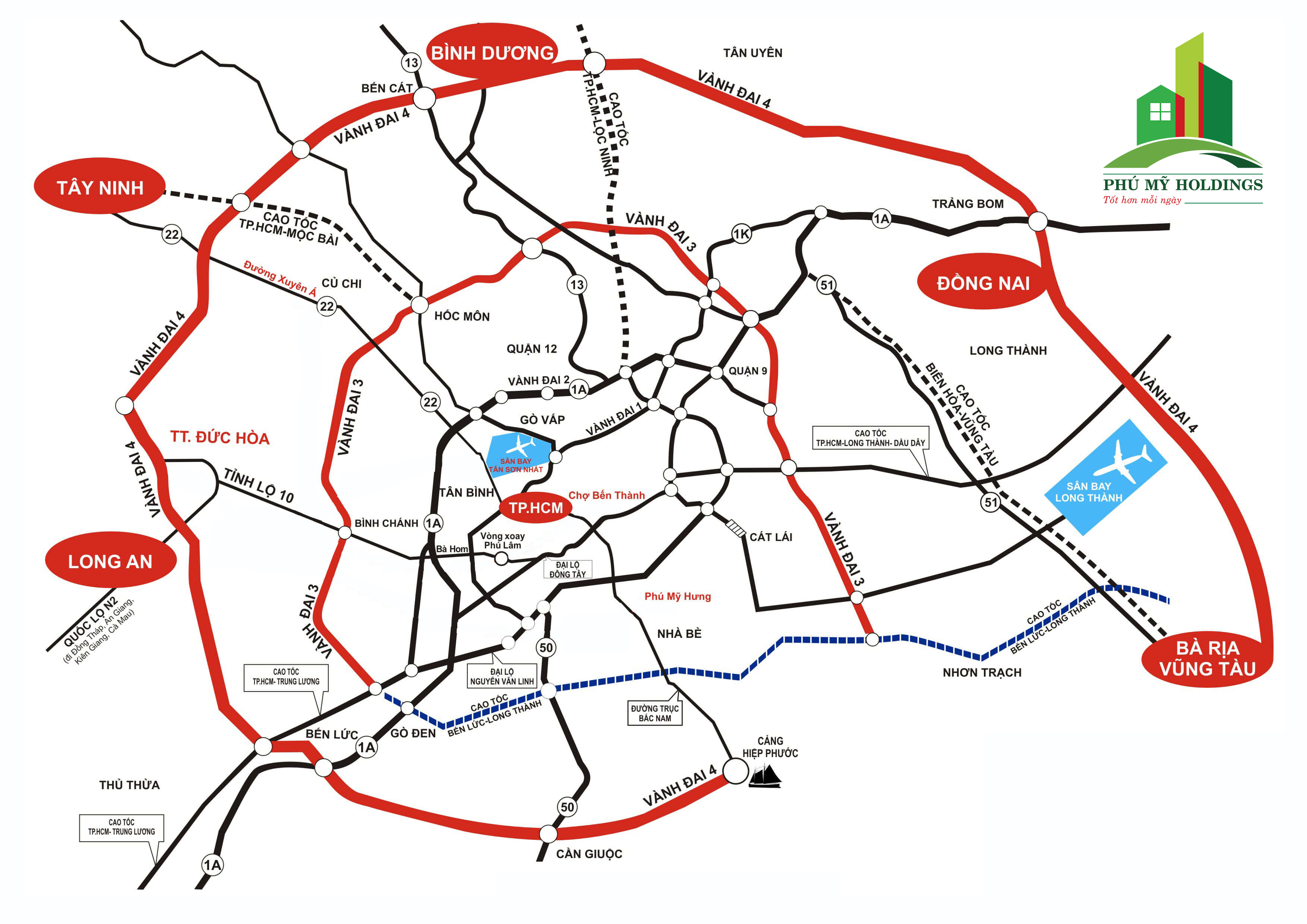 Đường vành Đai 4 có tổng chiều dài 197,6 km, đi qua 5 tỉnh thành là: Bà Rịa-Vũng Tàu, Đồng Nai, Bình Dương, TP. HCM, Long An.