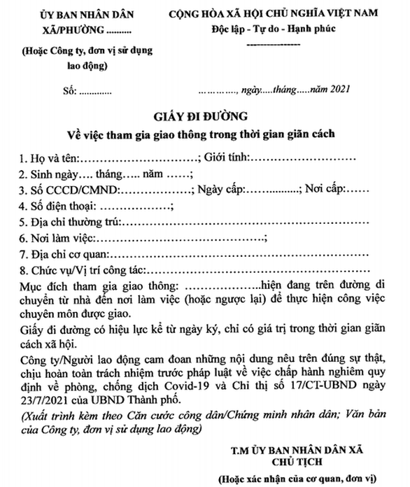 Mẫu giấy tờ sử dụng cho người đủ điều kiện lưu thông trên địa bàn Hà Nội trong thời gian giãn cách xã hội.
