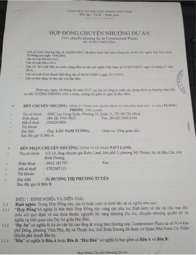 (Hợp đồng chuyển nhượng dự &aacute;n Roxana Plaza giữa c&ocirc;ng ty Tường Phong v&agrave; c&ocirc;ng ty NaviLand&nbsp; từ năm 2017 đến nay vẫn chưa ho&agrave;n tất).