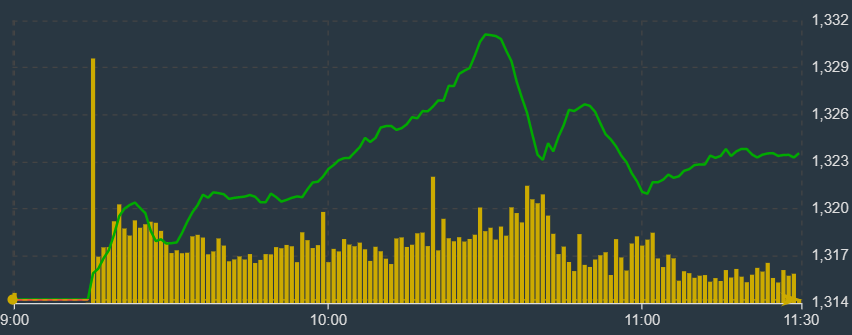 VN-Index đạt đỉnh khoảng 10h30 do áp lực xả xuất hiện.