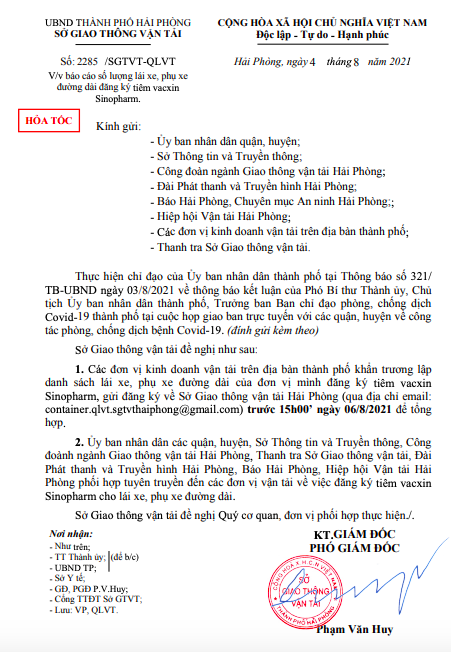 Văn bản của Sở Giao thông vận tải Hải Phòng.