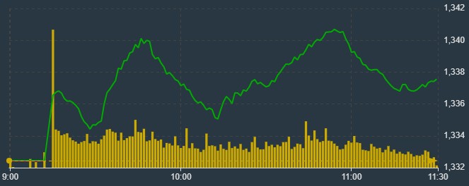 VN-Index c&oacute; hai đỉnh tăng kh&ocirc;ng th&agrave;nh c&ocirc;ng s&aacute;ng nay.