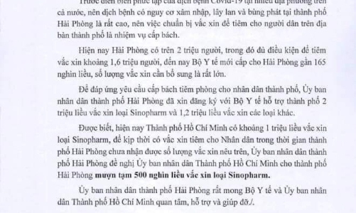 Hải Phòng đề nghị mượn TP.HCM 500.000 liều vaccine của Sinopharm