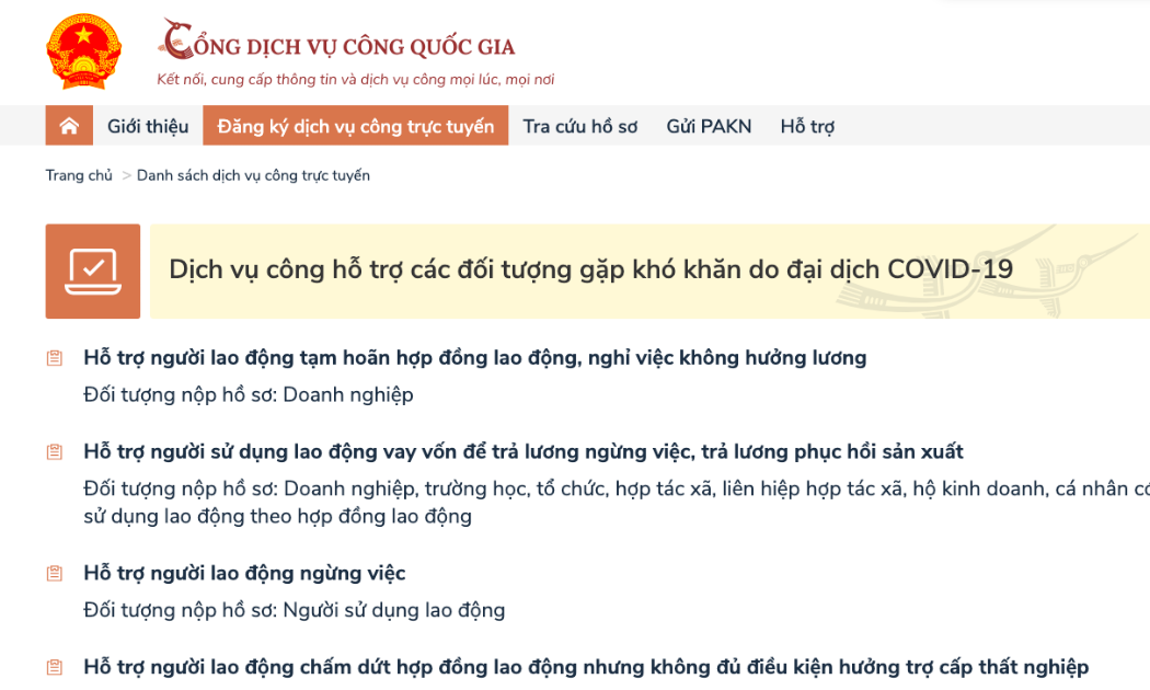 Dịch vụ công hỗ trợ các đối tượng khó khăn do đại dịch Covid-19. 