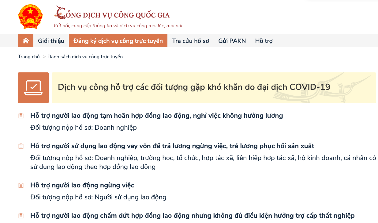 Dịch vụ công hỗ trợ các đối tượng khó khăn do đại dịch Covid-19. 