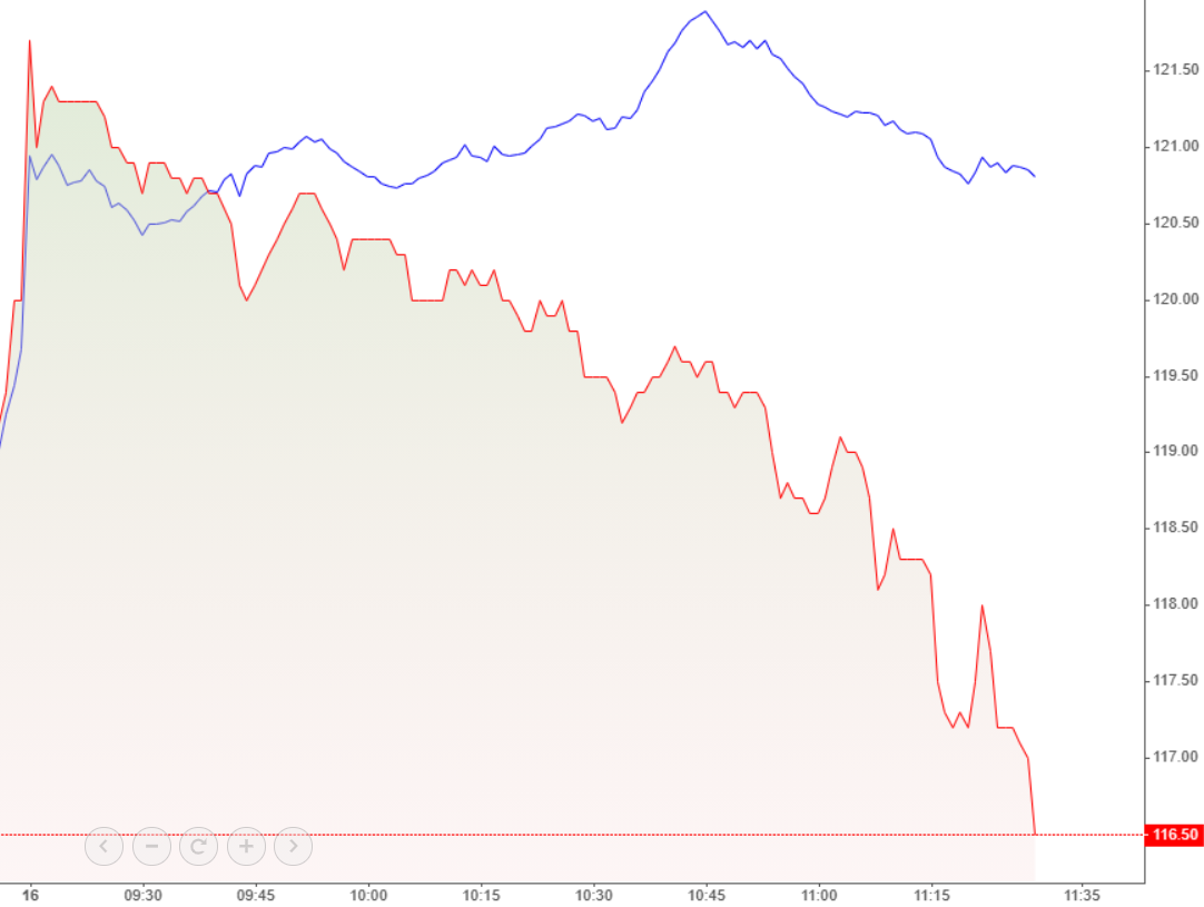 VHM lao dốc ngay từ sau đợt ATO và đi ngược hoàn toàn xu hướng của VN-Index (màu xanh) trong phiên sáng nay.
