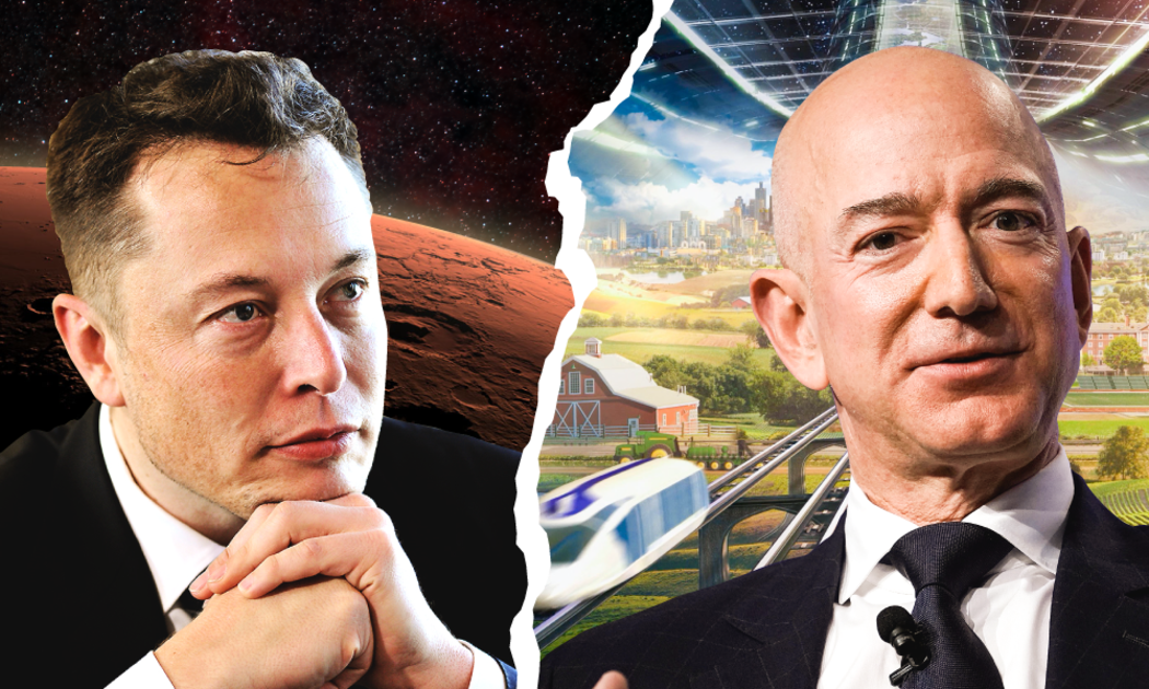 Tỷ phú Elon Musk (trái) và tỷ phú Jeff Bezos đang trong cuộc chiến liên quan tới hợp đồng với NASA nhằm thực hiện sứ mệnh đưa người lên Mặt Trăng - Ảnh: BI