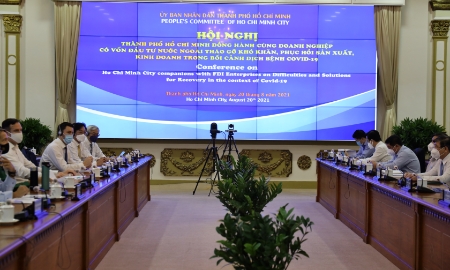 Toàn cảnh hội nghị tháo gỡ khó khăn cho doanh nghiệp có vốn đầu tư nước ngoài (Ảnh TTBC).