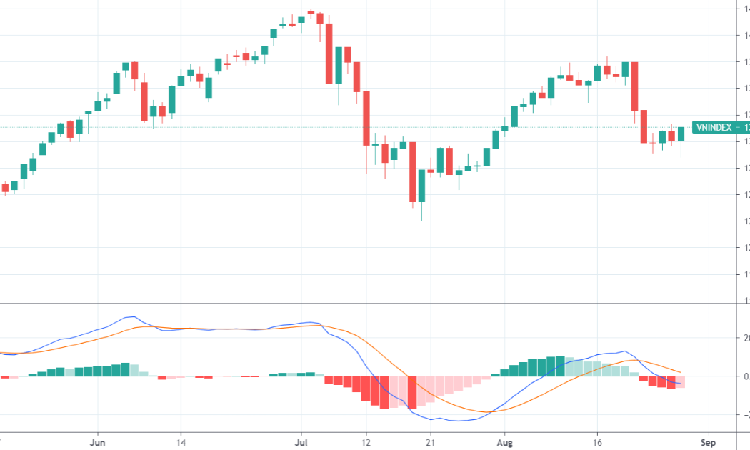 Đồ thị VN-Index và chỉ báo MACD.