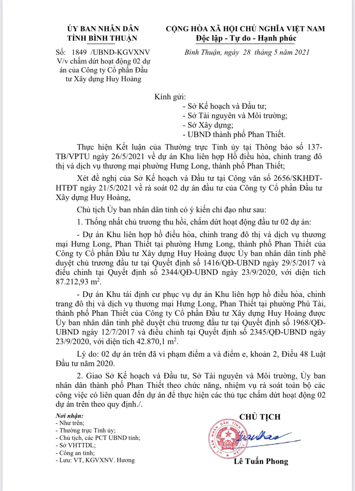 Quyết định thu hồi 02 dự &aacute;n của c&ocirc;ng ty Huy Ho&agrave;ng - Nguồn: UBND tỉnh B&igrave;nh Thuận.