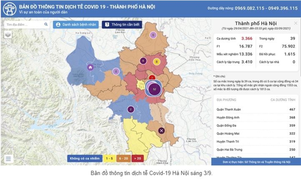 Bản đồ thông tin dịch tễ Covid-19 Hà Nội sáng 3/9.