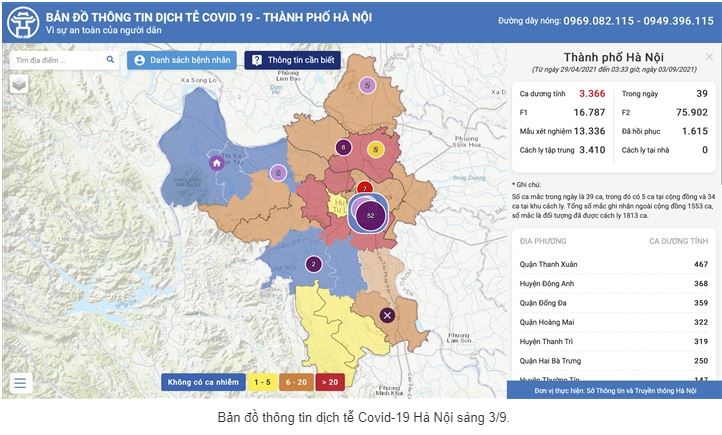 Bản đồ thông tin dịch tễ Covid-19 Hà Nội sáng 3/9.