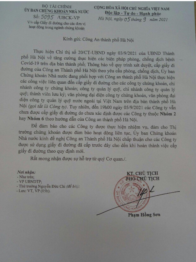 Công văn số 5095/UBCK-VP do Phó Chủ tịch Ủy ban chứng khoán Nhà nước ông Phạm Hồng Sơn ký gửi Công an Thành phố Hà Nội.