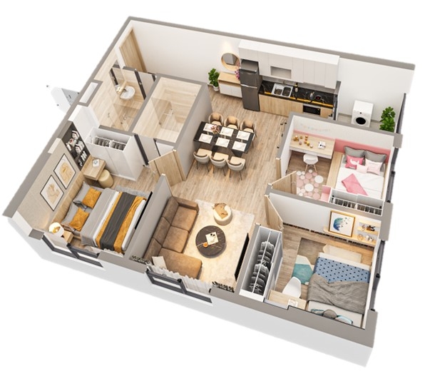 Thiết kế layout th&ocirc;ng minh, diện t&iacute;ch căn hộ vừa phải nhưng vẫn đảm bảo tất cả c&ocirc;ng năng v&agrave; th&ocirc;ng tho&aacute;ng ở tất cả c&aacute;c ph&ograve;ng theo ti&ecirc;u ch&iacute; Nhật Bản.