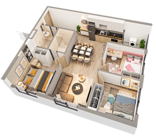 Thiết kế layout thông minh, diện tích căn hộ vừa phải nhưng vẫn đảm bảo tất cả công năng và thông thoáng ở tất cả các phòng theo tiêu chí Nhật Bản.