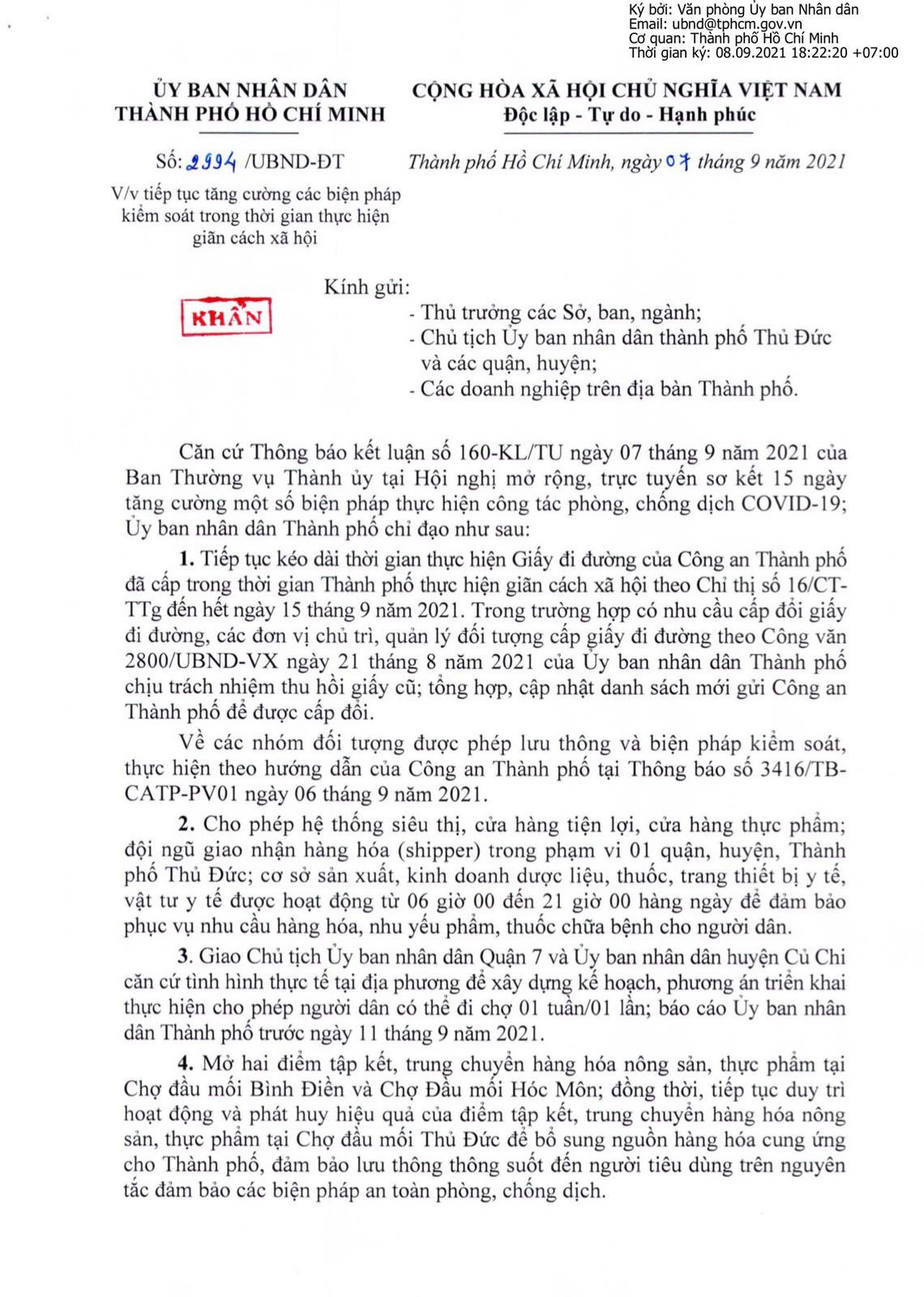 Văn bản tiếp tục tăng cường c&aacute;c biện ph&aacute;p kiểm so&aacute;t dịch bệnh trong thời gian gi&atilde;n c&aacute;ch của TP.HCM